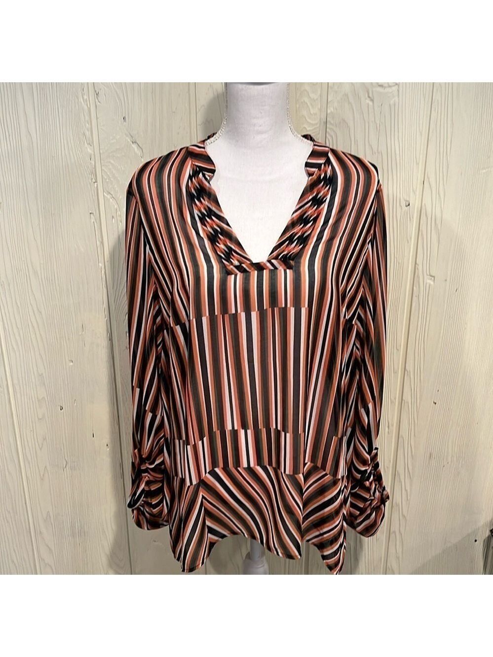 CABI Multi Color Striped Sheer Blouse Balloon Sleeve Size Medium